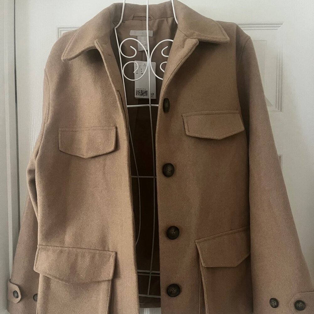 H&M Women Pea Coat Camel Sz Small Lined pockets collar Button down pockets - Picture 7 of 10